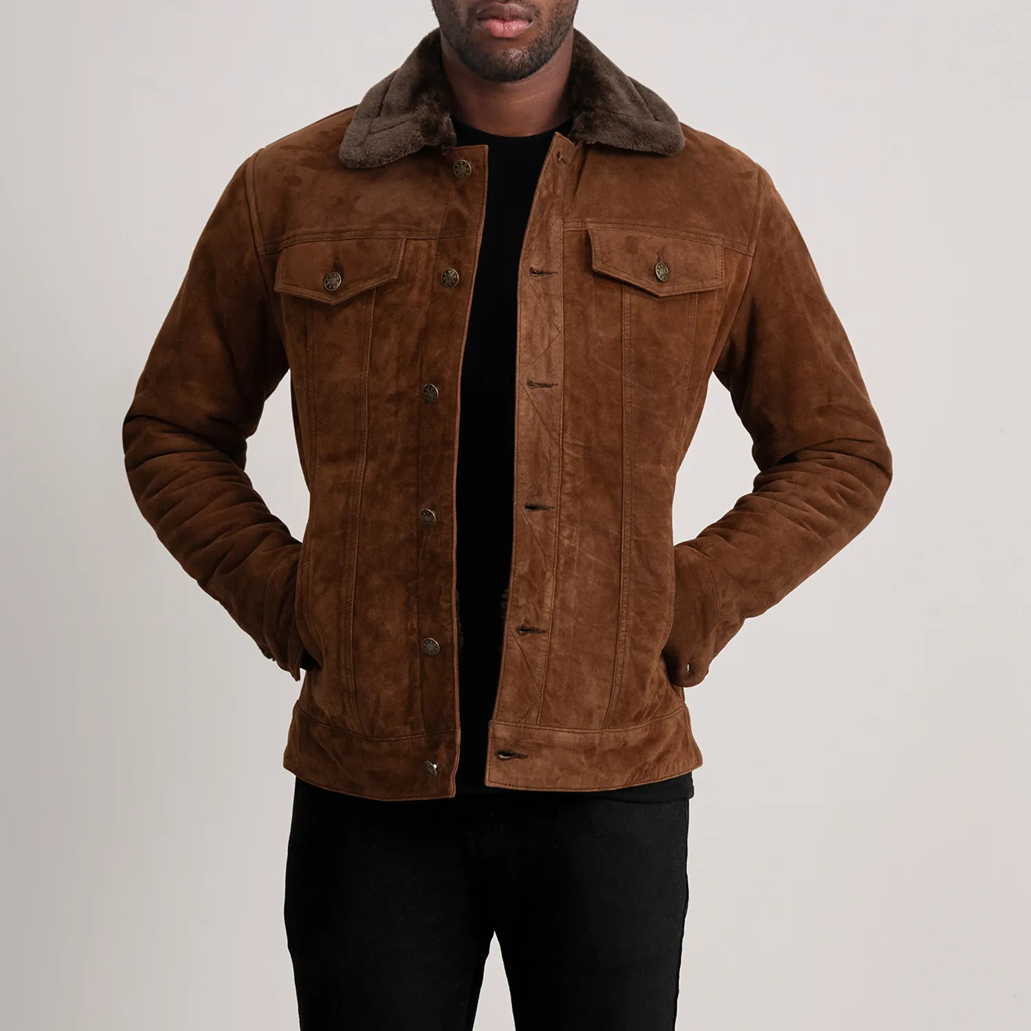 Mens Dallis Brown Suede Shearling Trucker Jacket Open Front-4-1733735658501.webp