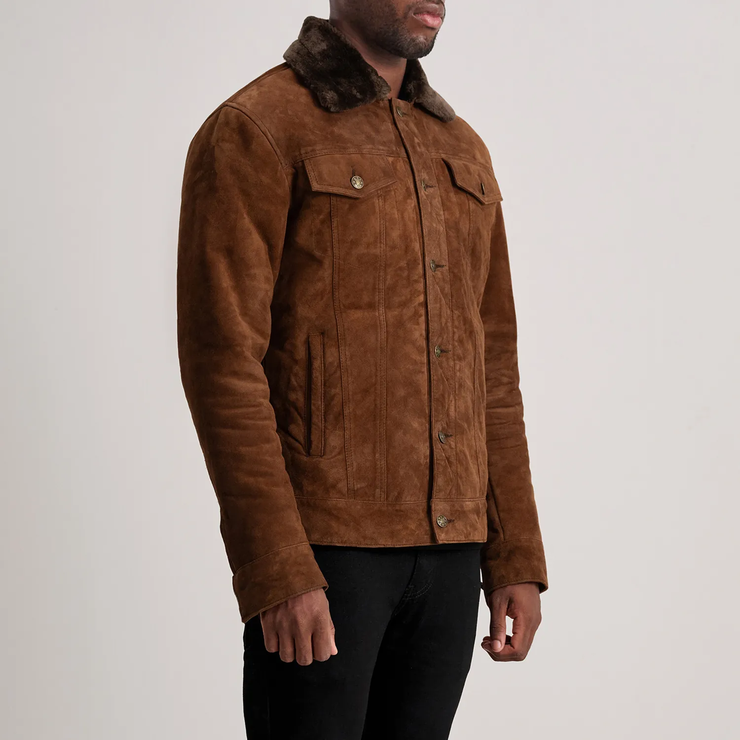 Mens Dallis Brown Suede Shearling Trucker Jacket Side Pose-3-1733735653096.webp