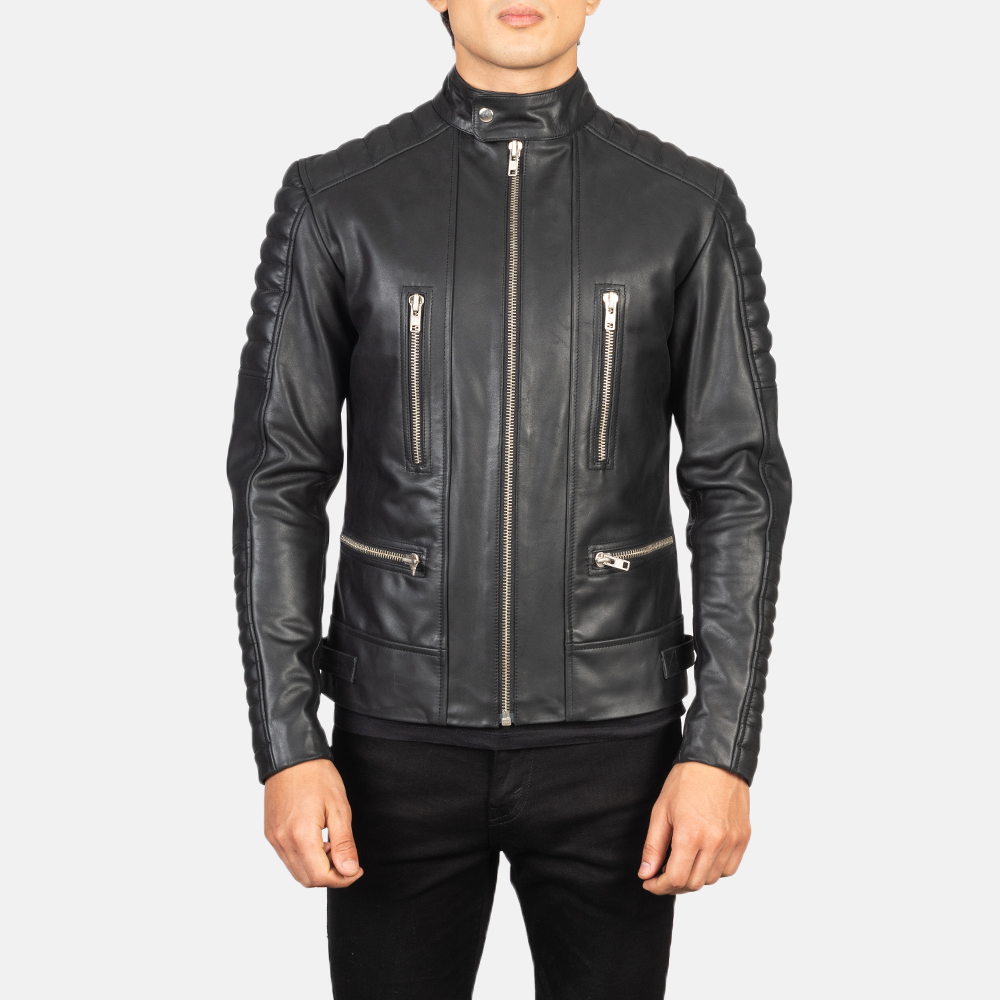 Mens Damian Black Leather Biker Jacket Close Front-5-1634127680949