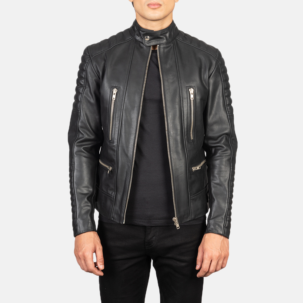 Mens Damian Black Leather Biker Jacket Open Front-4-1634127677061