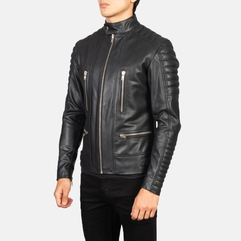 Mens Damian Black Leather Biker Jacket Side Pose-3-1634127672764