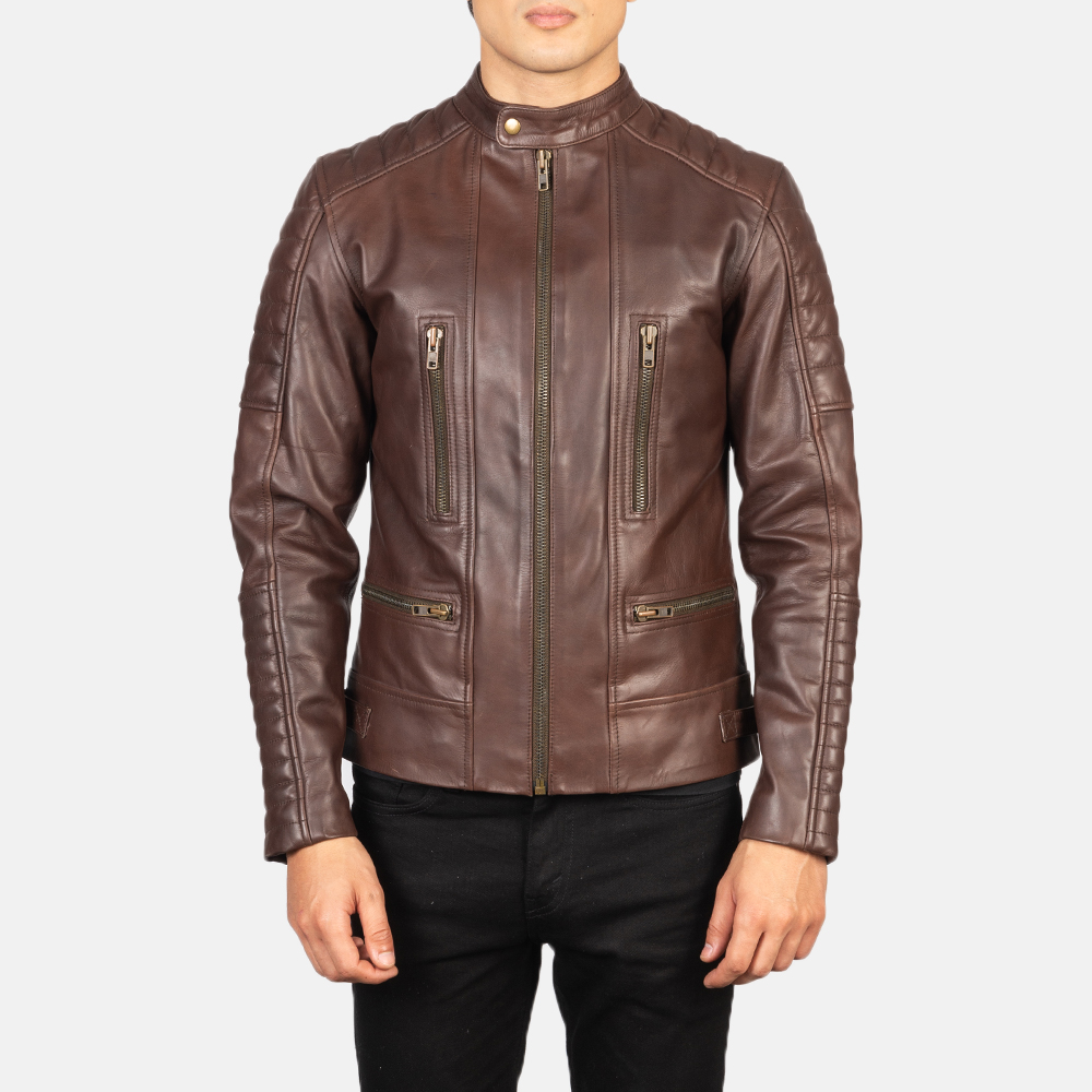 Mens Damian Brown Leather Biker Jacket Close Front-5-1634130314815