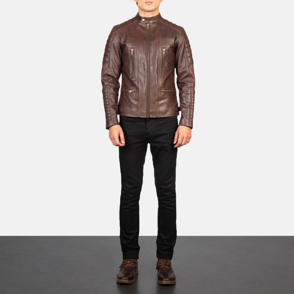 Mens Damian Brown Leather Biker Jacket Full Length-2-1634130299661