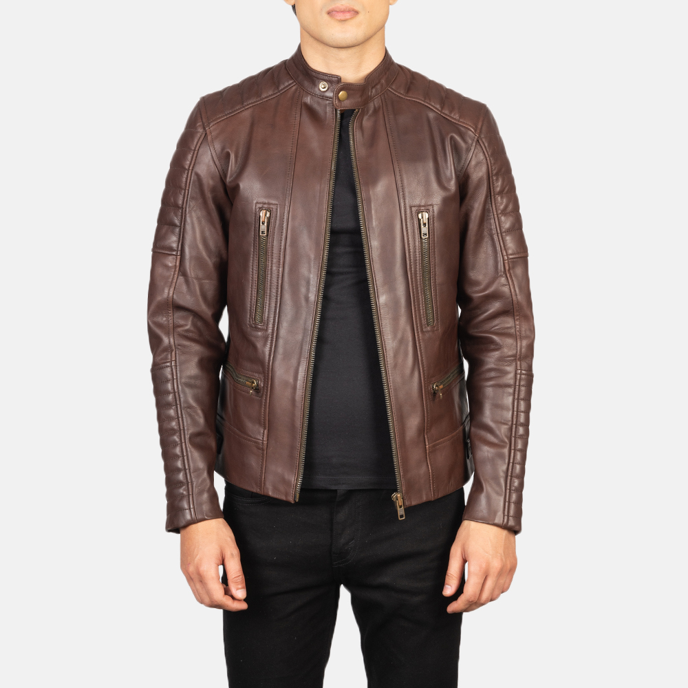 Mens Damian Brown Leather Biker Jacket Open Front-4-1634130309898