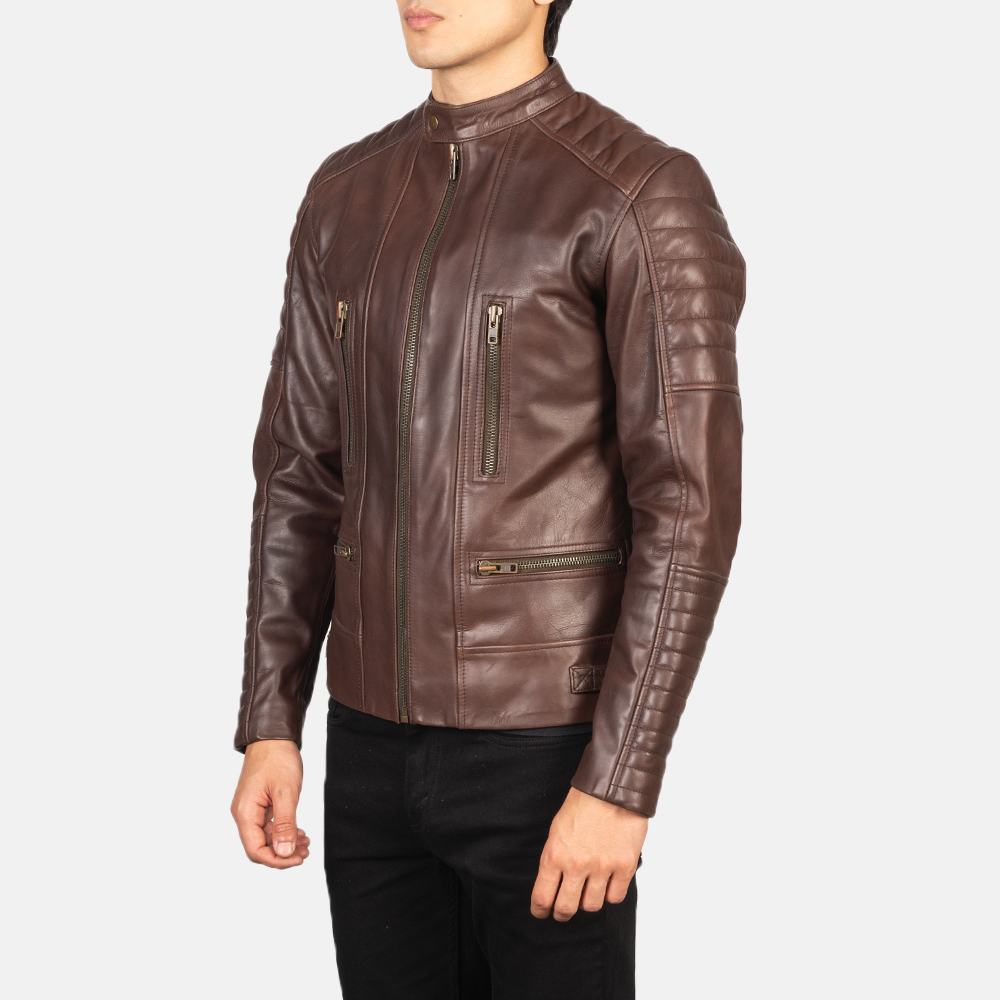 Mens Damian Brown Leather Biker Jacket Side Pose-3-1634130303139