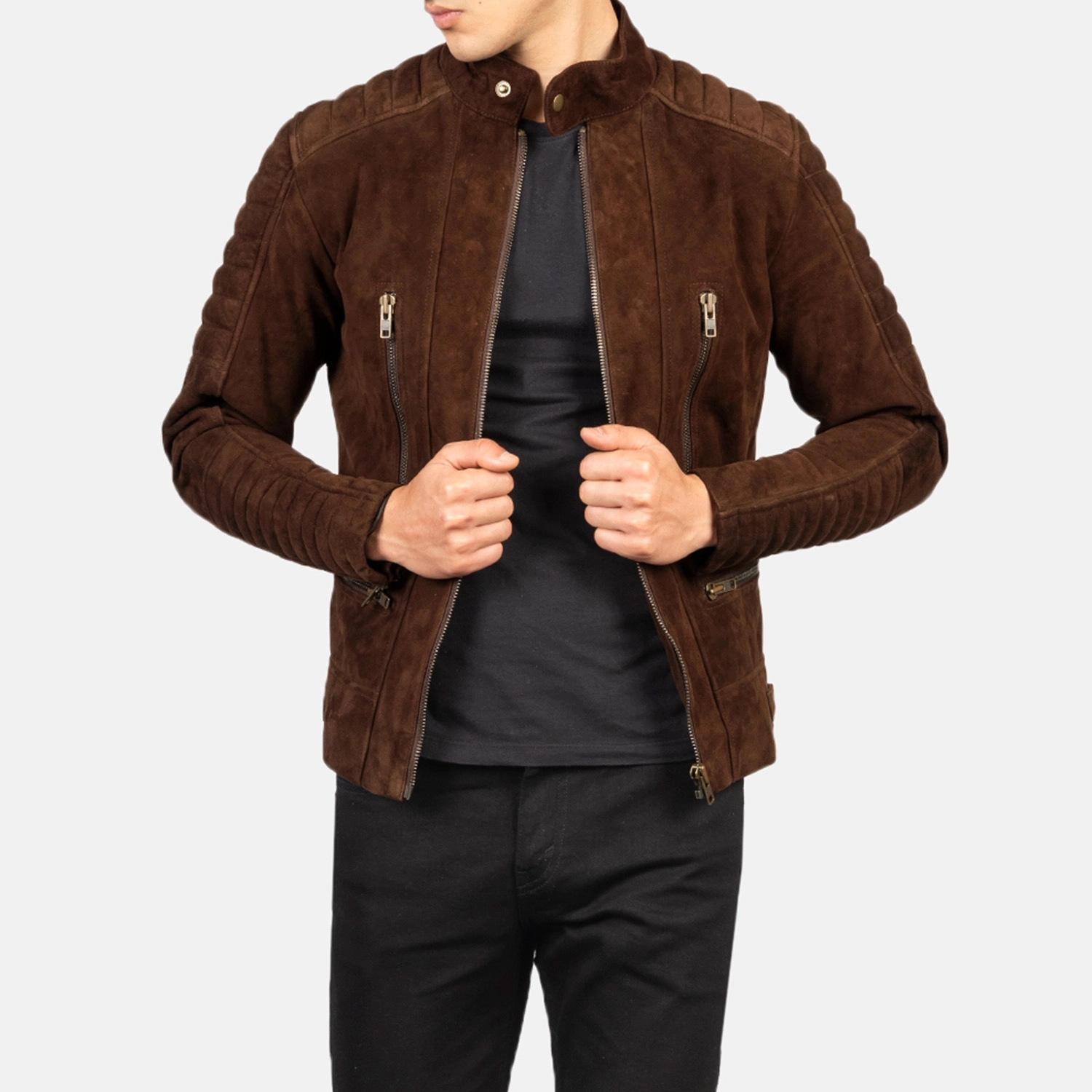 Mens Damian Mocha Suede Biker Jacket Open Front-4-1720090413192