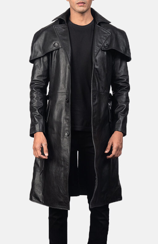 Mens Deux Black Leather Duster-2-1557133457179