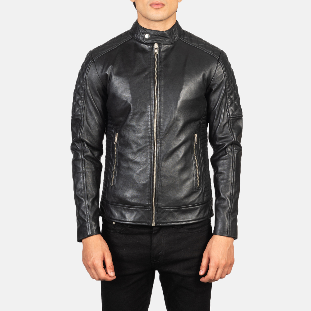 Mens Fernando Quilted Black Leather Biker Jacket Close Front-5-1634137548327