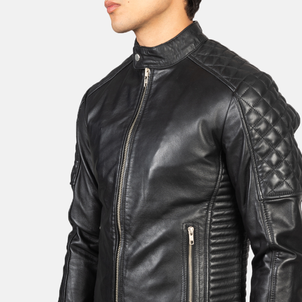 Mens Fernando Quilted Black Leather Biker Jacket Close-Up-9-1634137558476