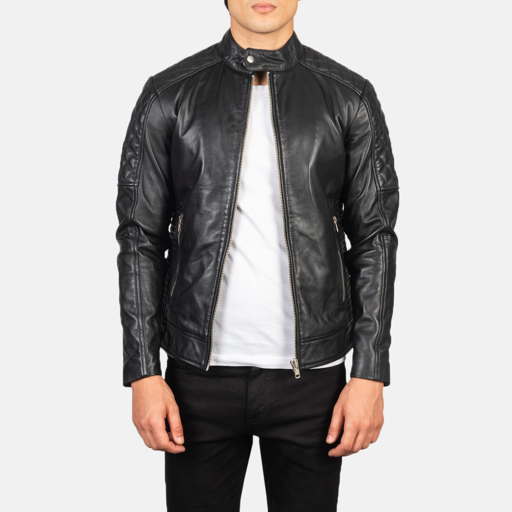 Mens Fernando Quilted Black Leather Biker Jacket Open Front-4-1634137543731