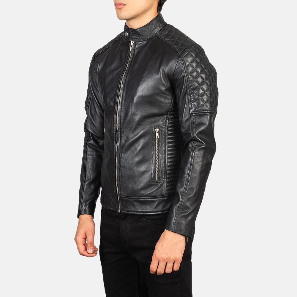 Mens Fernando Quilted Black Leather Biker Jacket Side Pose-3-1634137536845