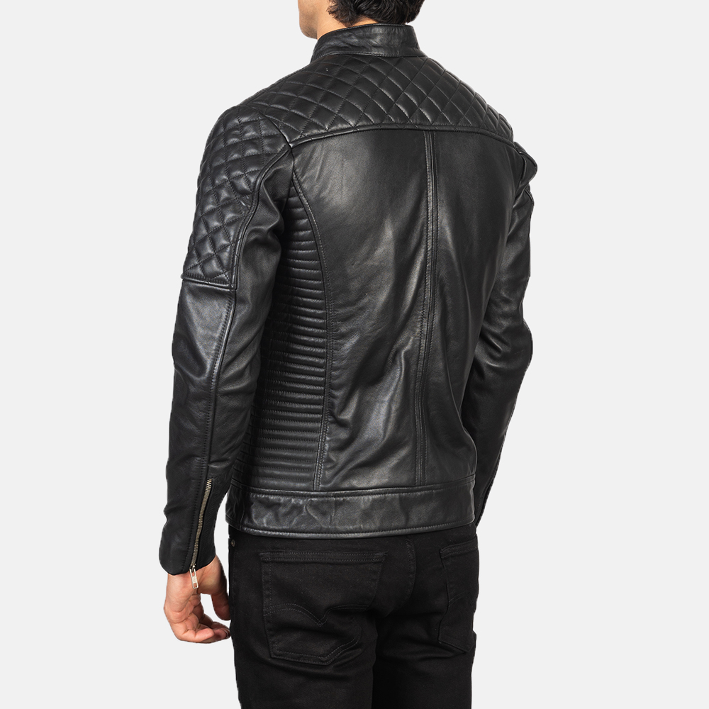 Mens Fernando Quilted Black Leather Biker Jacket Tilted Back-8-1634137553612