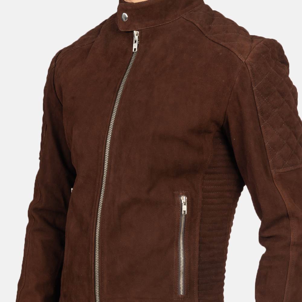 Mens Fernando Quilted Brown Suede Biker Jacket Close-Up-9-1634128894709