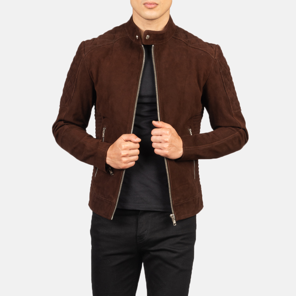 Mens Fernando Quilted Brown Suede Biker Jacket Open Front-4-1634128875194