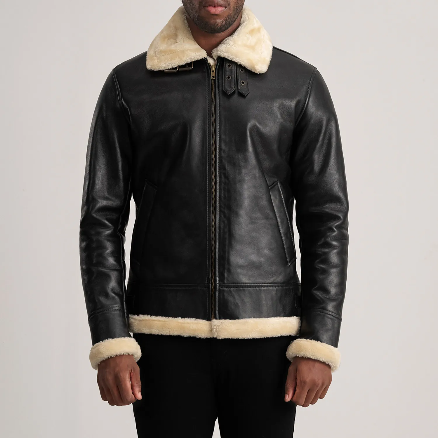 Mens Francis B-3 Black & Cream Leather Bomber Jacket Close Front-5-1733737181229.webp