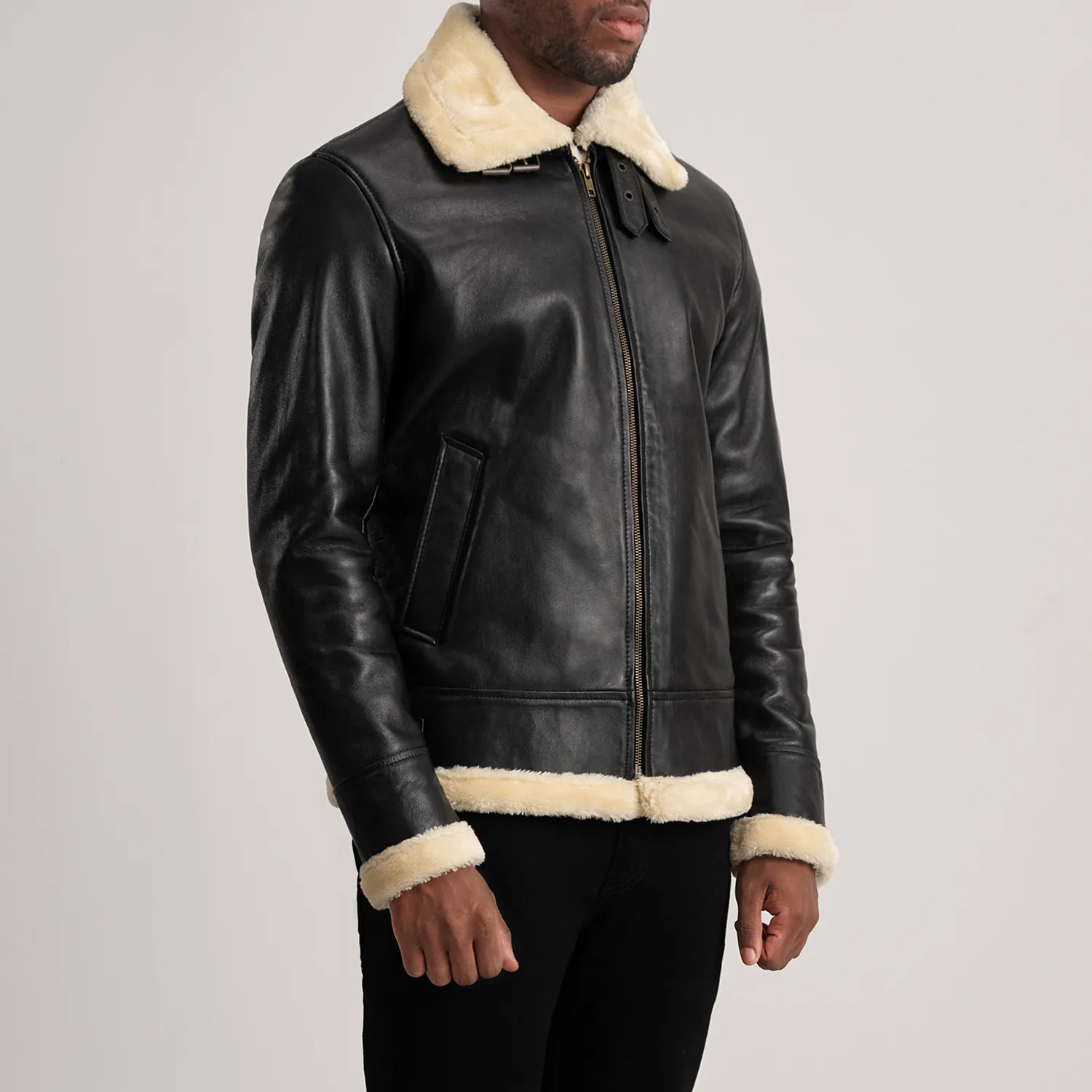 Mens Francis B-3 Black & Cream Leather Bomber Jacket Side Pose-3-1733737168484.webp