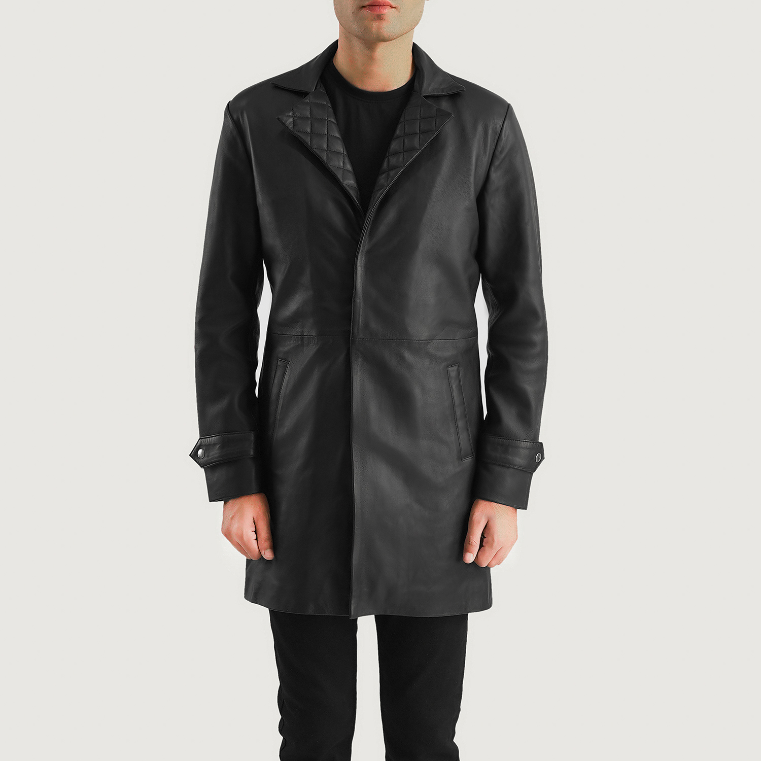 Mens Infinity Black Leather Coat Close Front-5-1700483262143