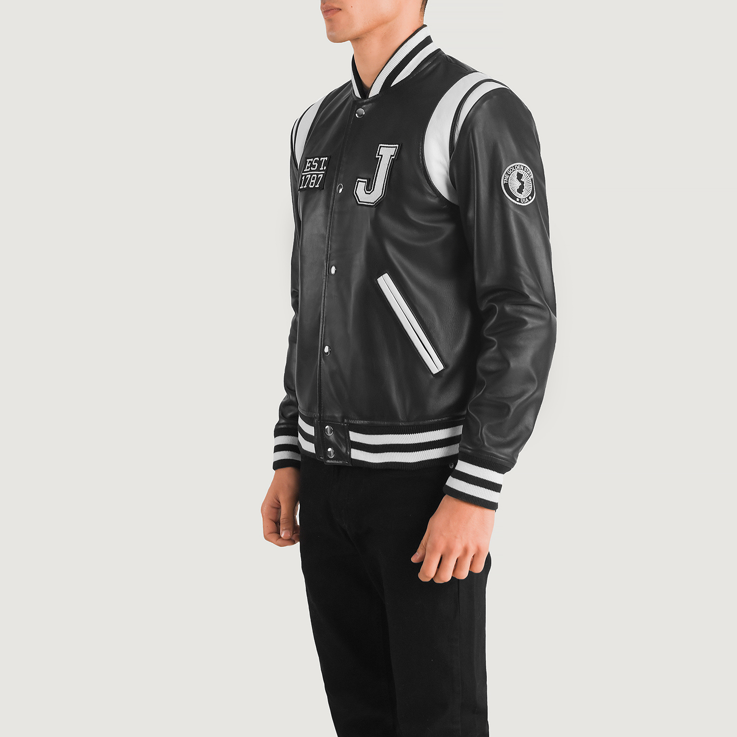 Mens Liberte New Jersey Black Leather Varsity Jacket Side Pose-3-1704193239986.webp