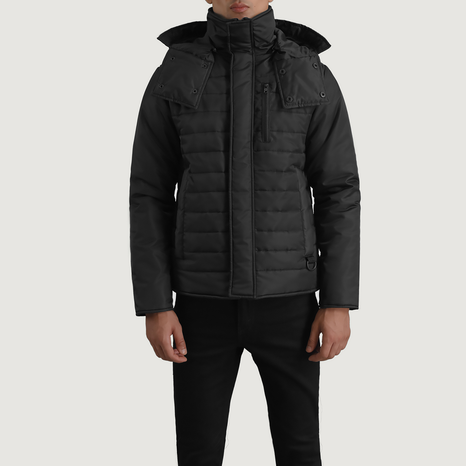 Mens Malcolm Black Hooded Puffer Jacket Close Front-5-1698747253650