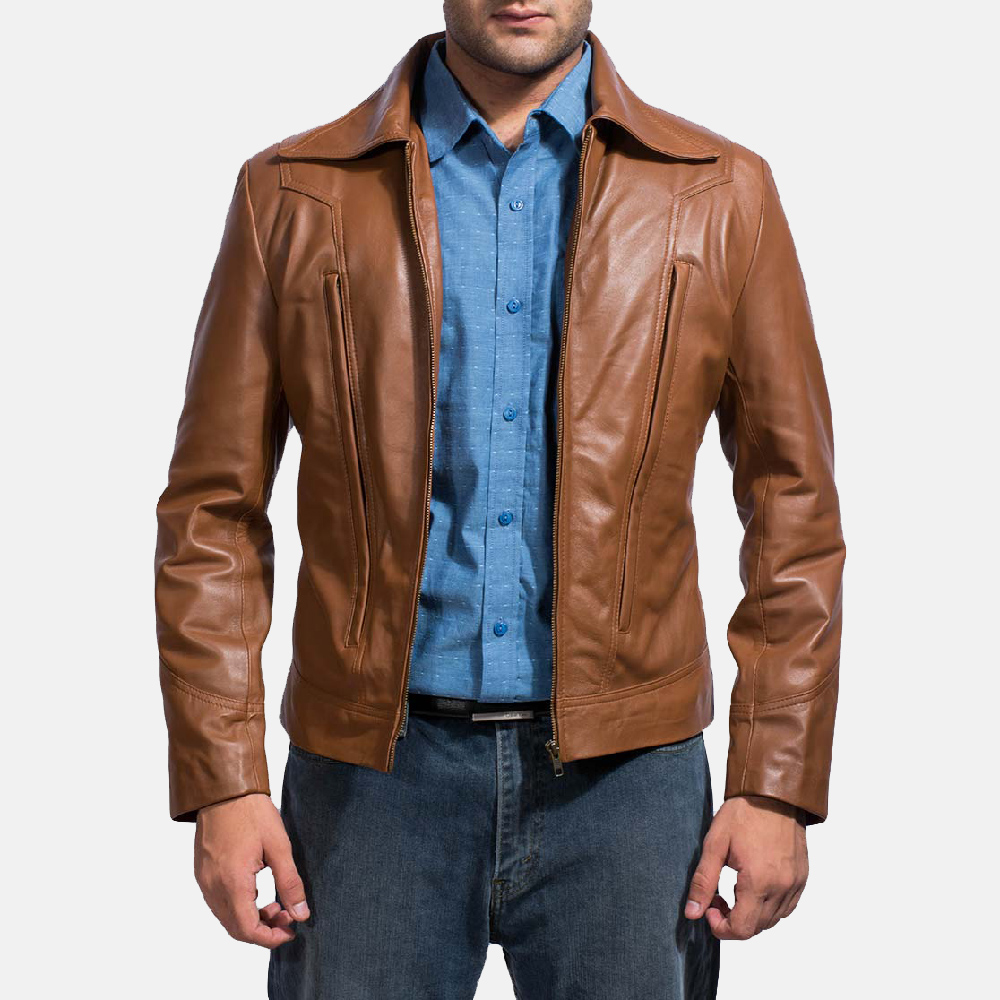 Mens Old School Brown Leather Jacket-1491382349366