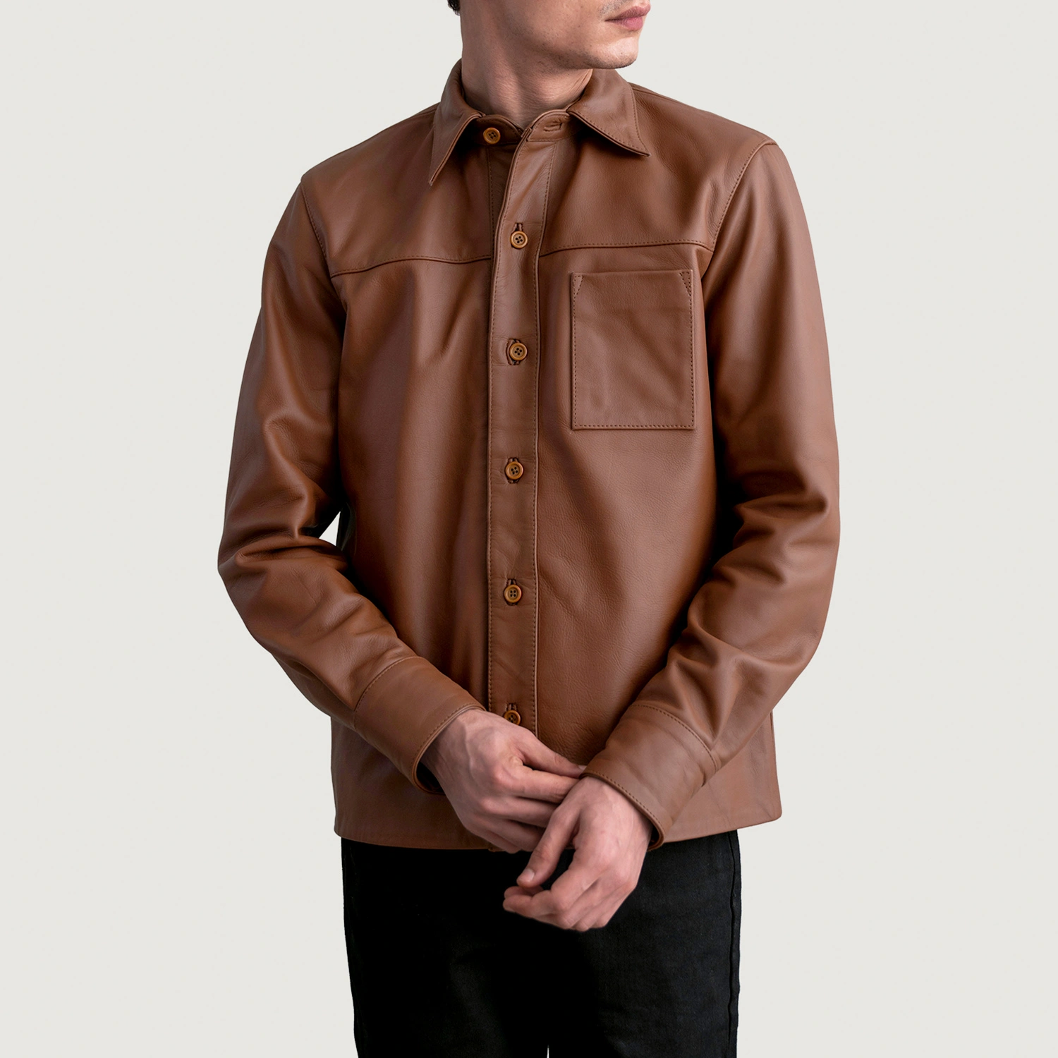 Mens Scout Matte Brown Leather Shirt Close Front-5-1724065466995.webp