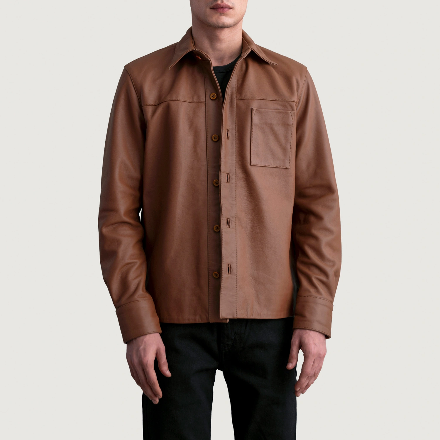 Mens Scout Matte Brown Leather Shirt Open Front-4-1724065464531