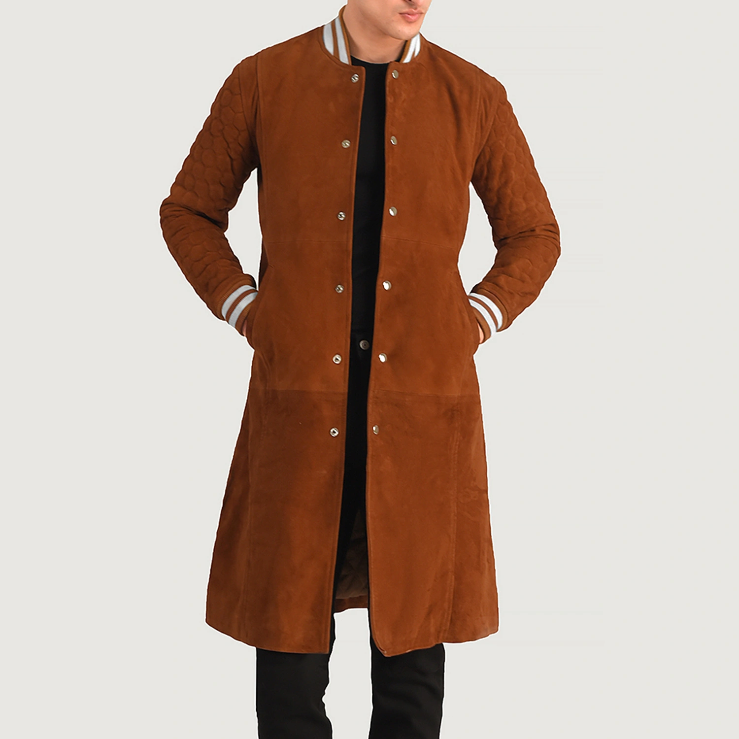 Mens Wilde Brown Suede Varsity Coat Open Front-4-1704186177471