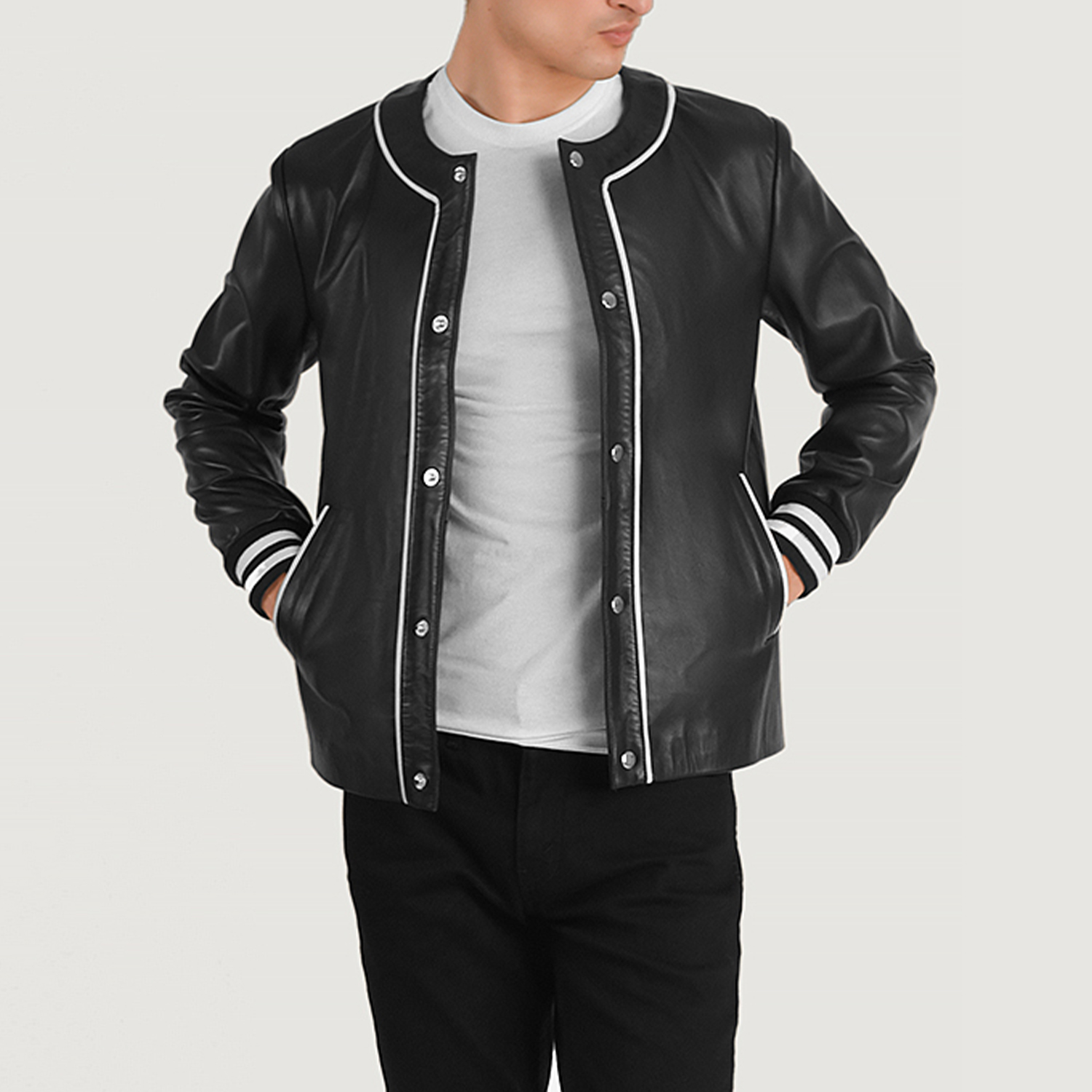 Mens Willis Black Leather Varsity Jacket Open Front-4-1704116858258