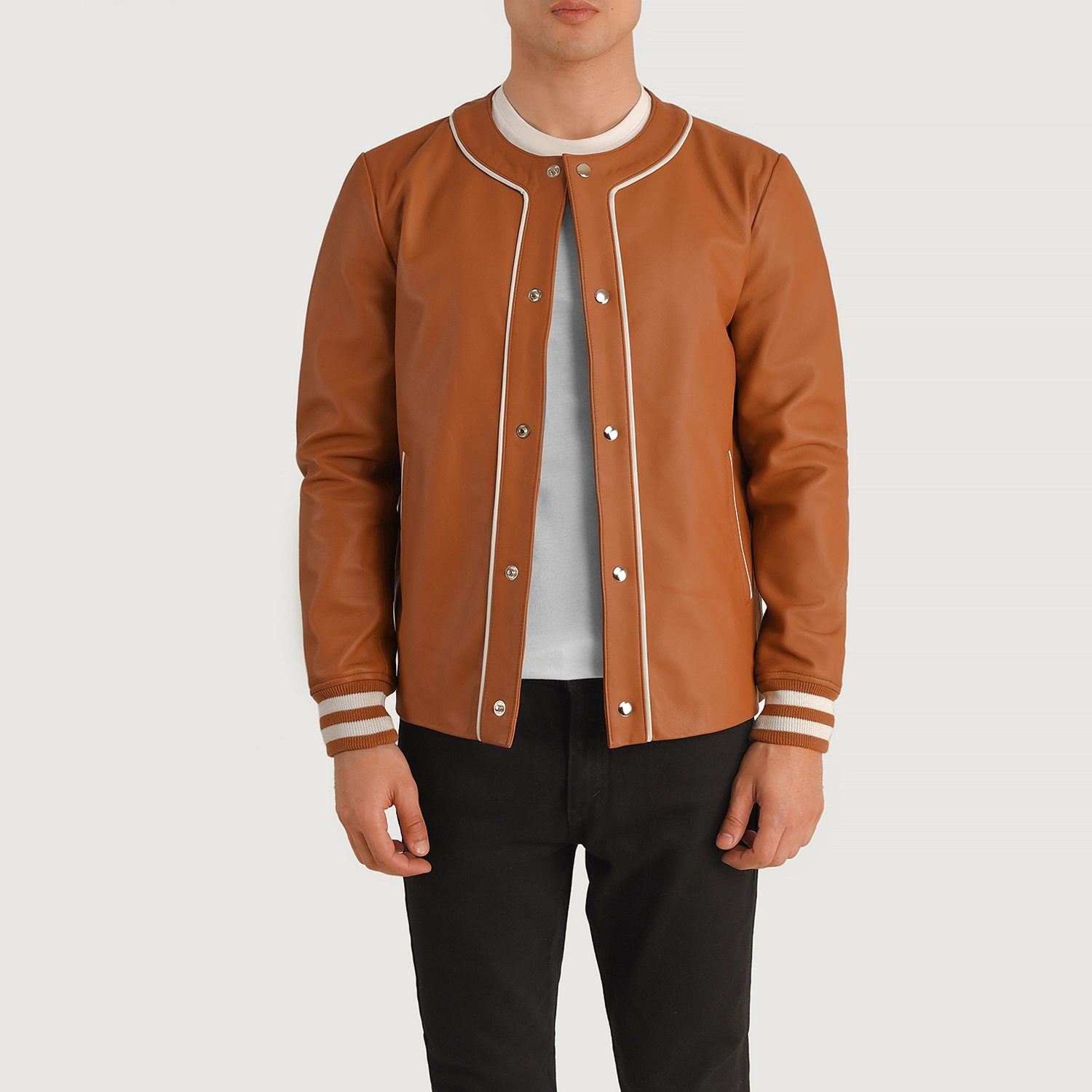 Mens Willis Tan Brown Leather Varsity Jacket Open Front-4-1704121904138