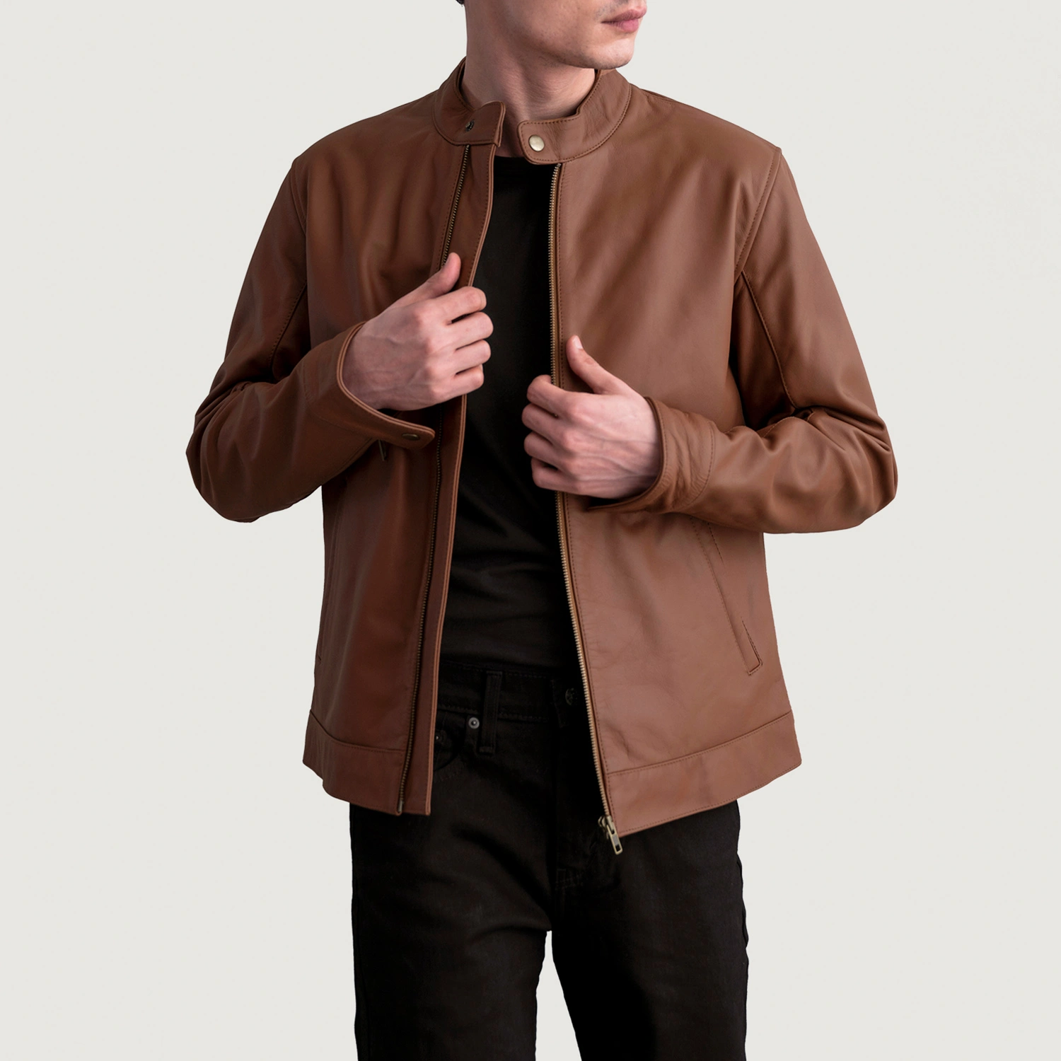 Mens Zen Matte Brown Leather Biker Jacket Open Front-4-1724074441858.webp