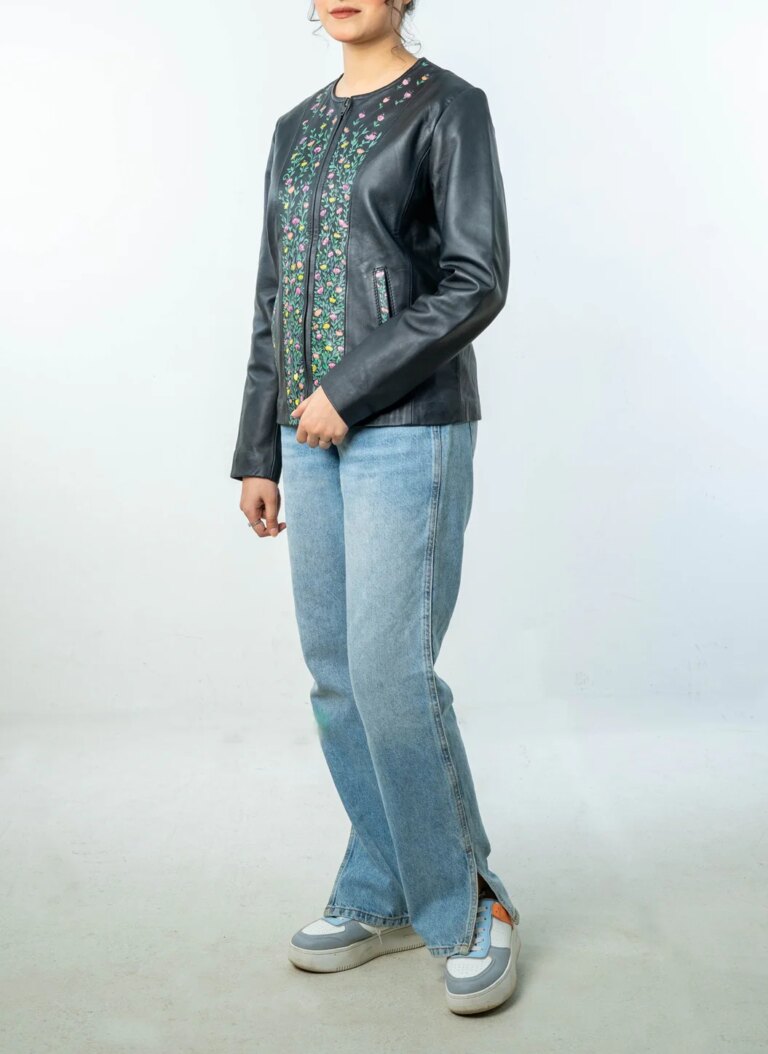 VividHand-PaintedBlackLeatherBikerJacketFullfrontside