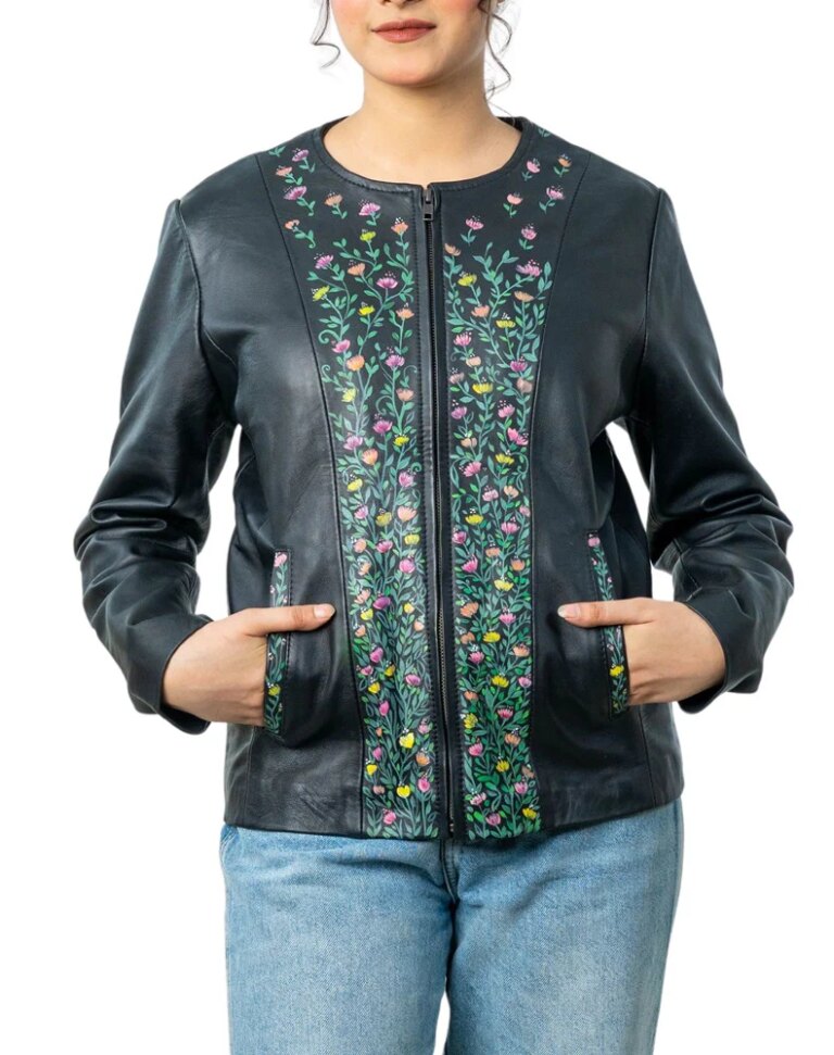 VividHand-PaintedBlackLeatherBikerJacketfront2