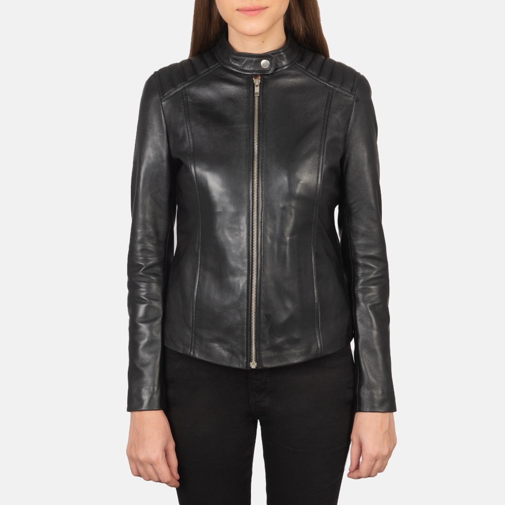 Womens  Kelsee Black Leather Biker Jacket Close Front-5-1659374756127