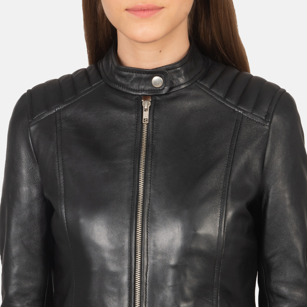 Womens  Kelsee Black Leather Biker Jacket Close-Up-9-1659374769054