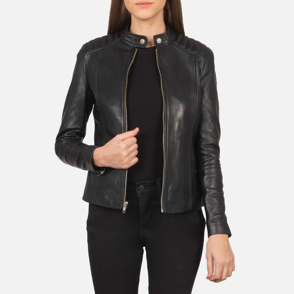 Womens  Kelsee Black Leather Biker Jacket Open Front-4-1659374750819