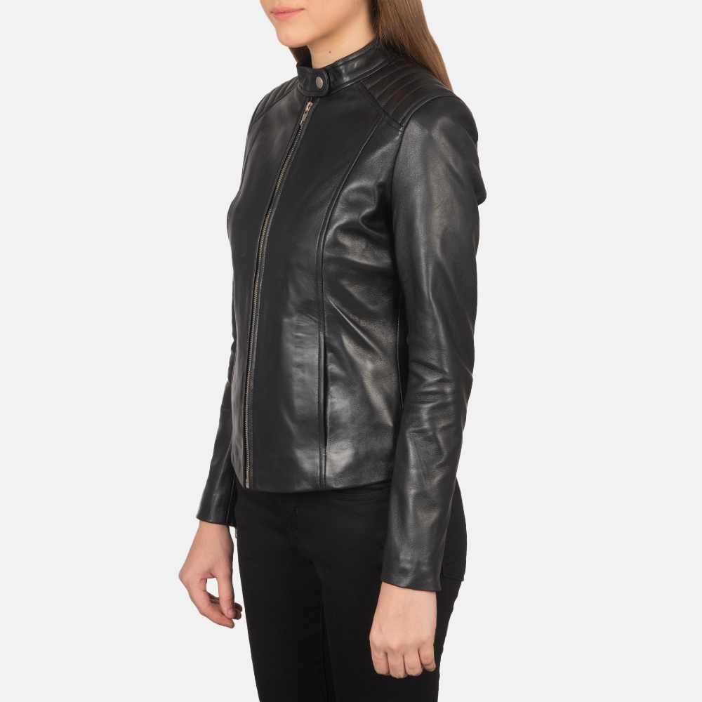 Womens  Kelsee Black Leather Biker Jacket Side Pose-3-1659374745823