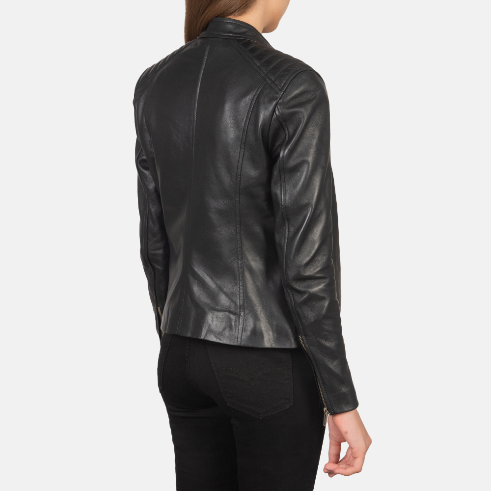 Womens  Kelsee Black Leather Biker Jacket Tilted Back-8-1659374763045