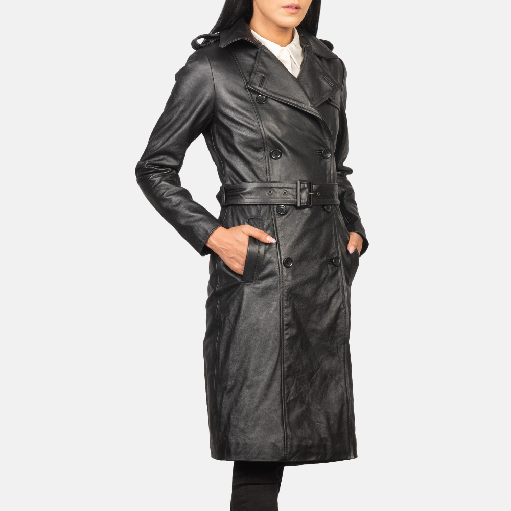 Womens Alice Black Double Breasted Leather Coat Close Front-5-1652251592537