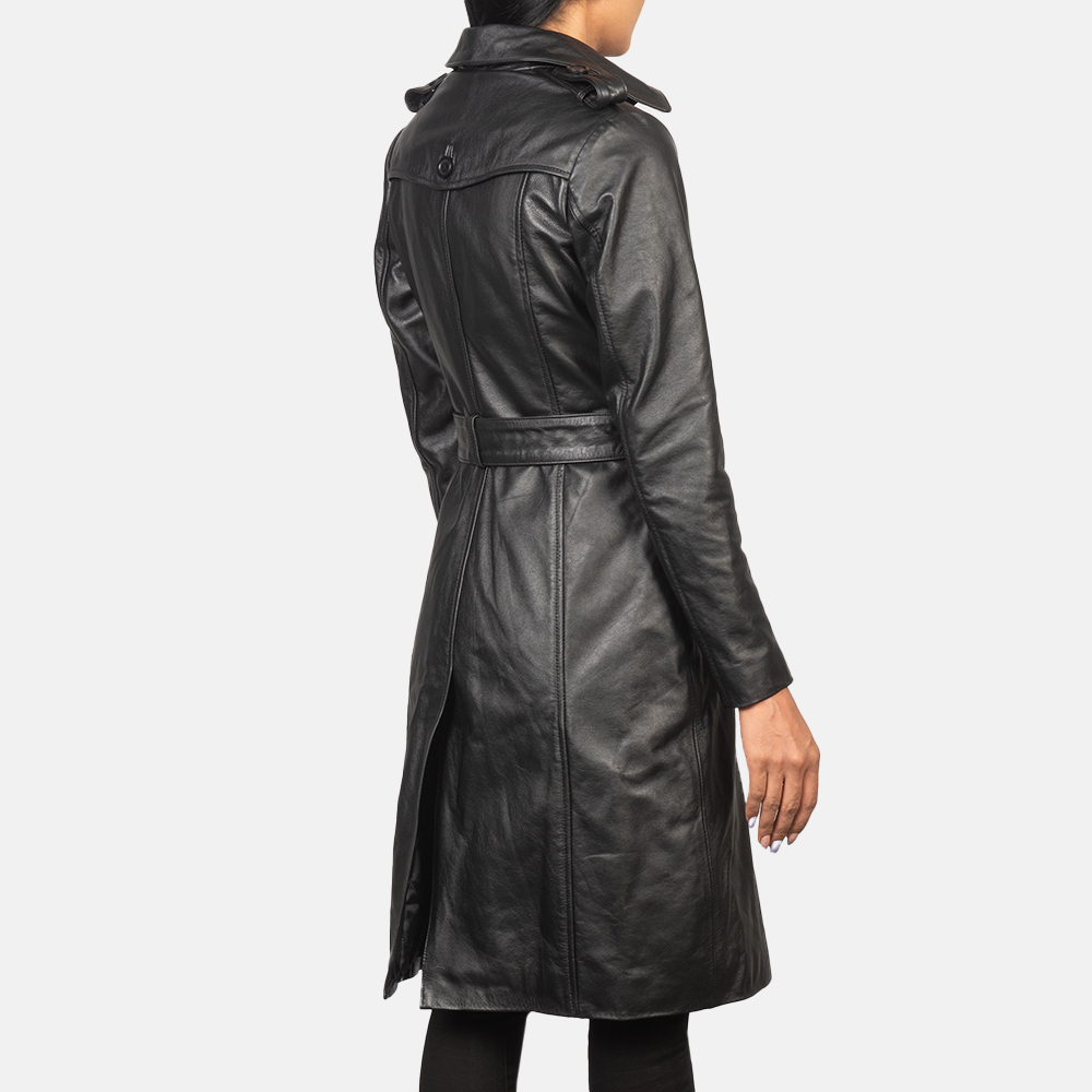 Womens Alice Black Double Breasted Leather Coat Tilted Back-8-1652251597199