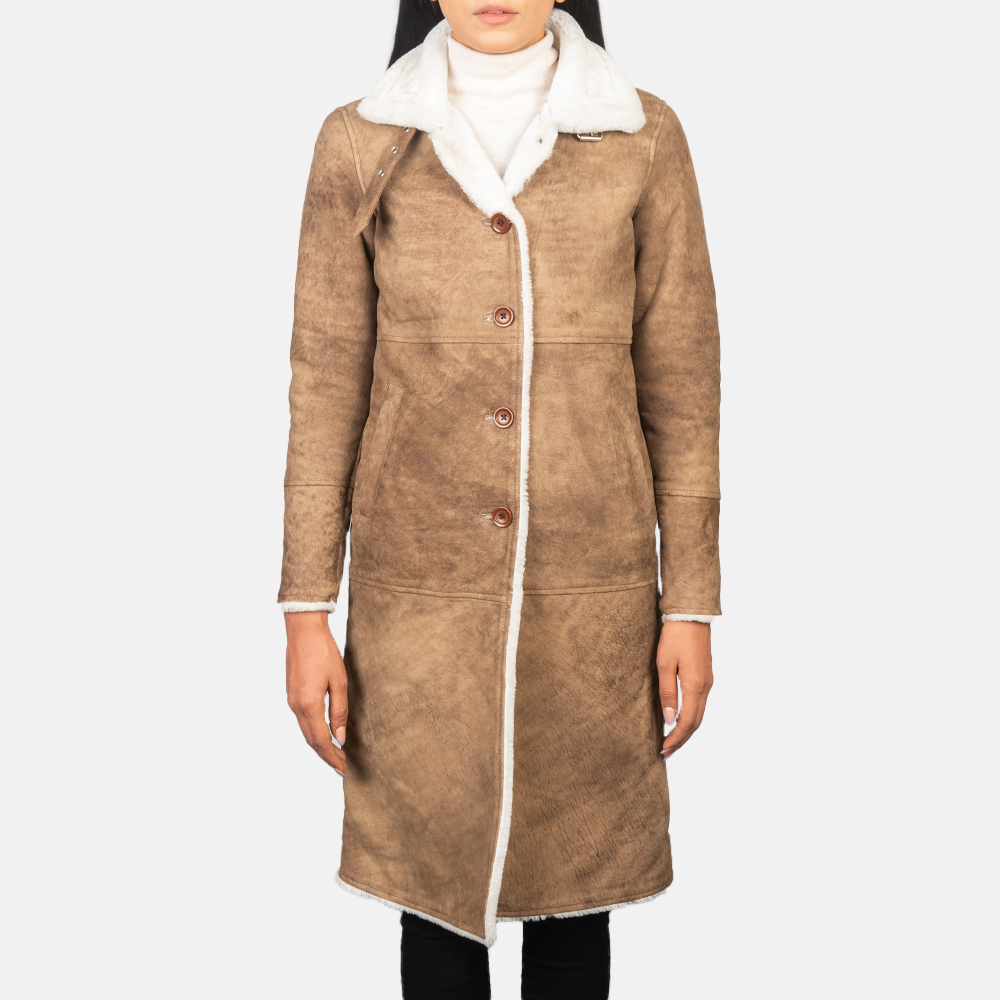 Womens Alina Shearling Brown Leather Coat Close Front-5-1652251979150