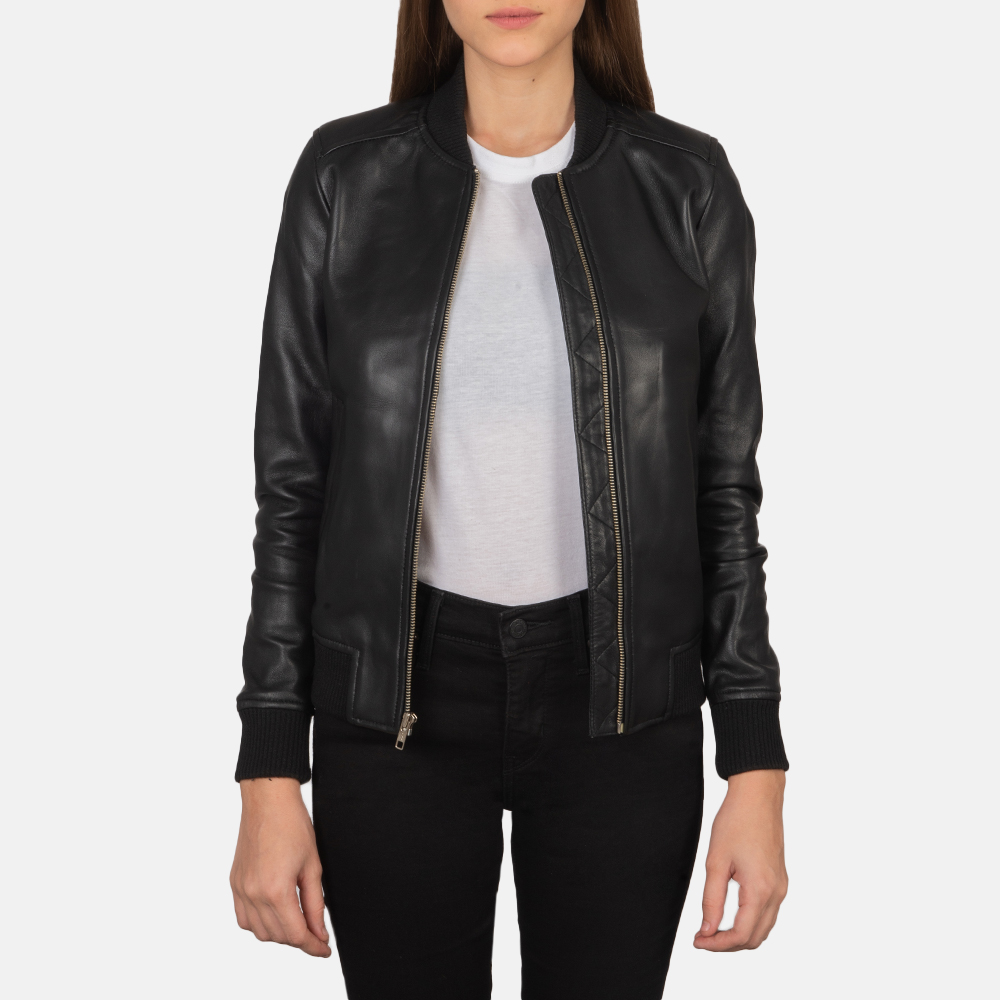 Womens Bliss Black Leather Bomber Jacket Open Front-4-1659378666323