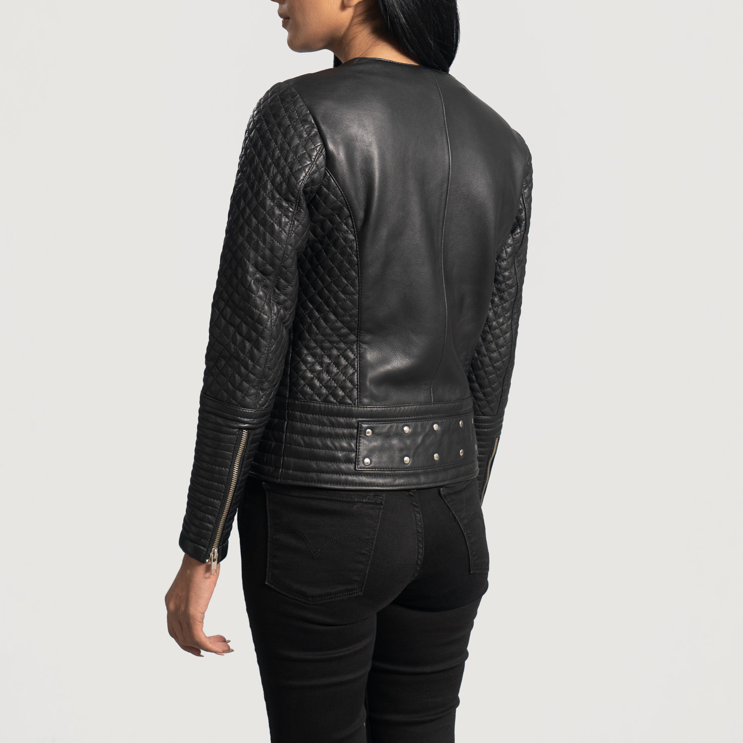 Womens Celeste Studded Black Leather Jacket Tilted Back-8-1664357046751