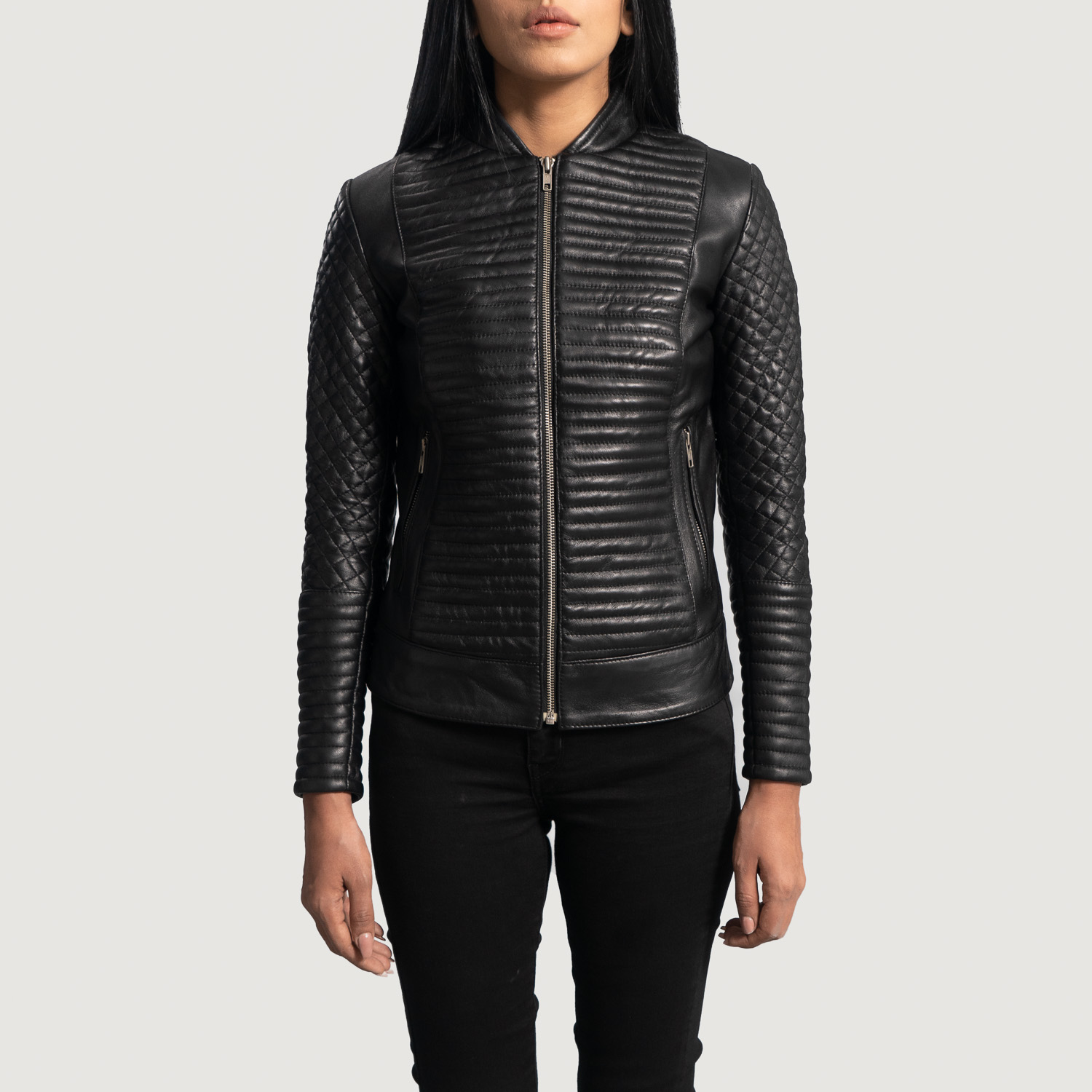 Womens Cityscape Black Leather Biker Jacket Close Front-5-1664295761067