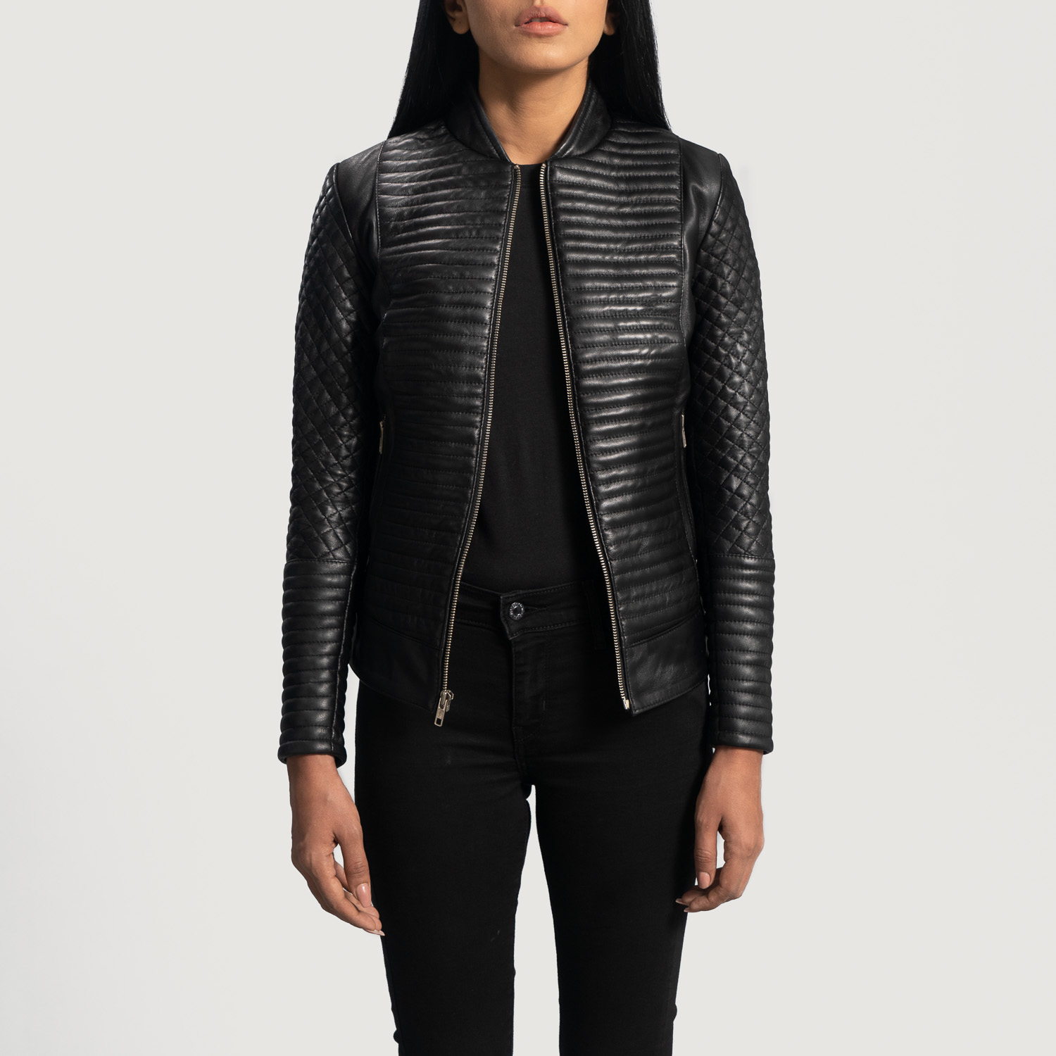 Womens Cityscape Black Leather Biker Jacket Open Front-4-1664295769020