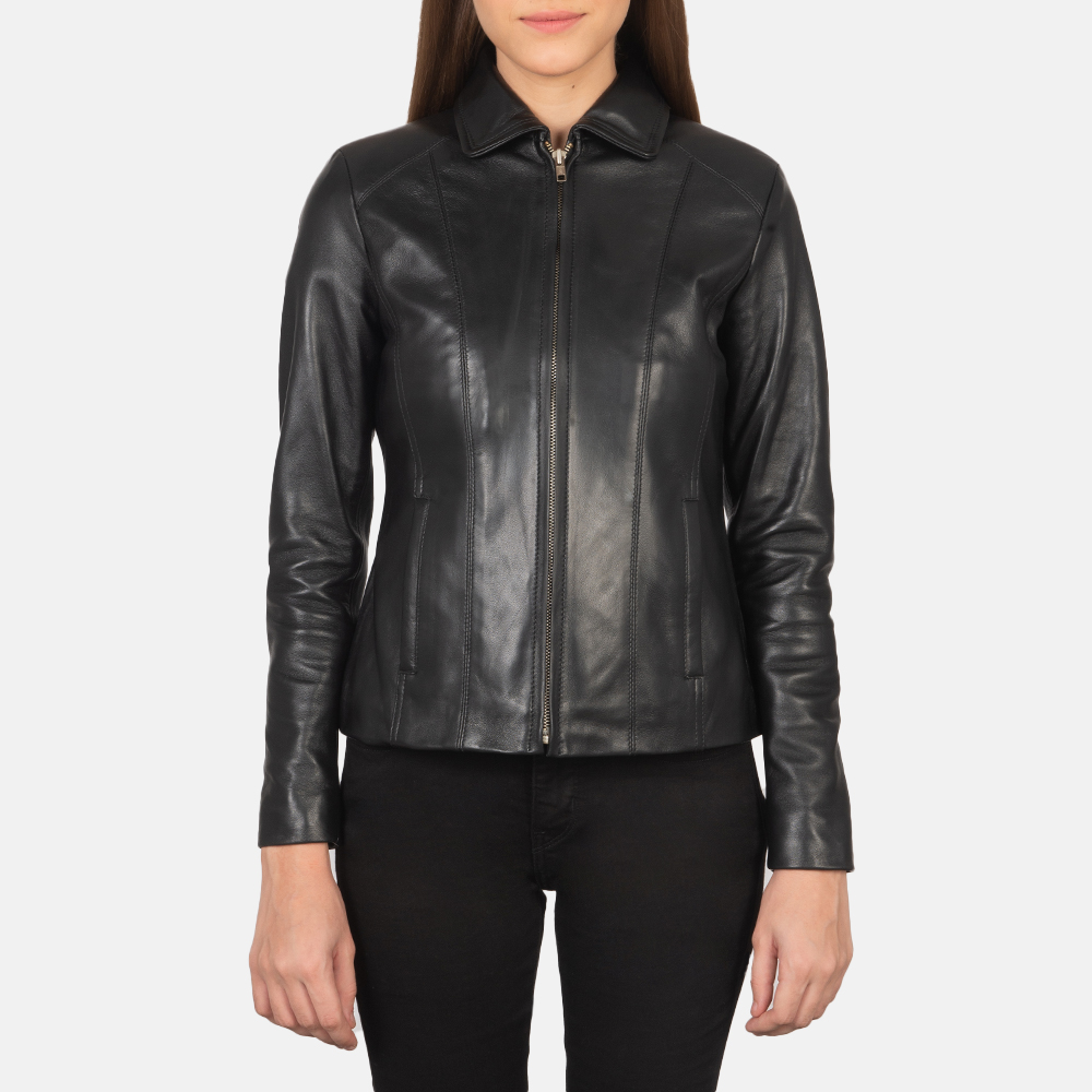 Womens Colette Black Leather Jacket Close Front-5-1659373055437