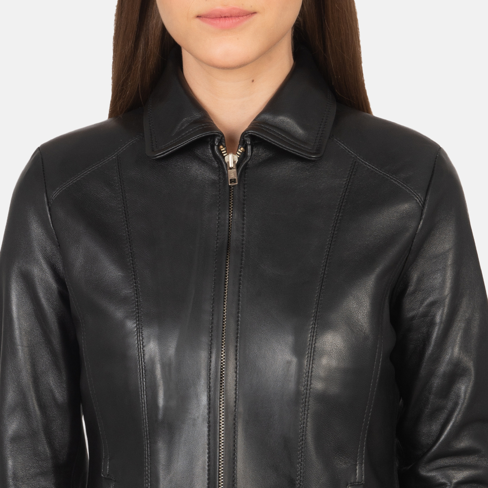 Womens Colette Black Leather Jacket Close-Up-9-1659373062002