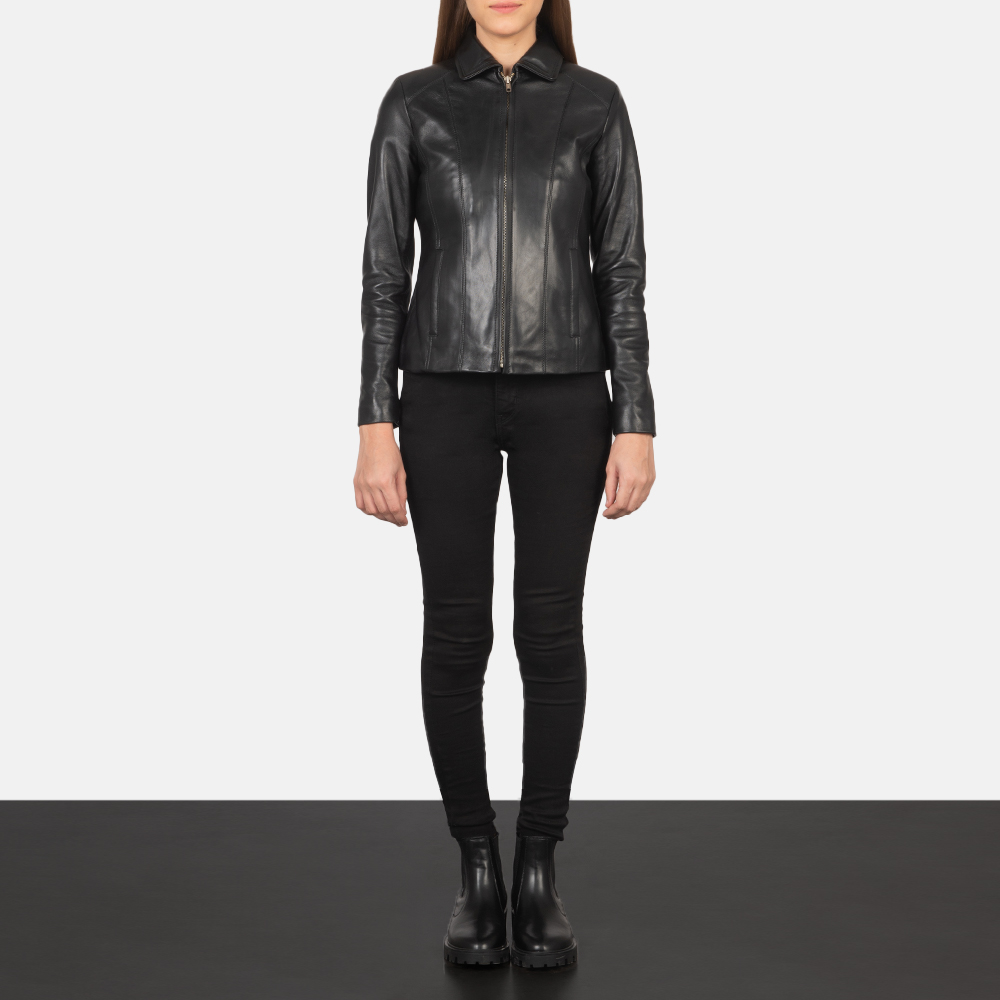 Womens Colette Black Leather Jacket Full Length-2-1659373043984