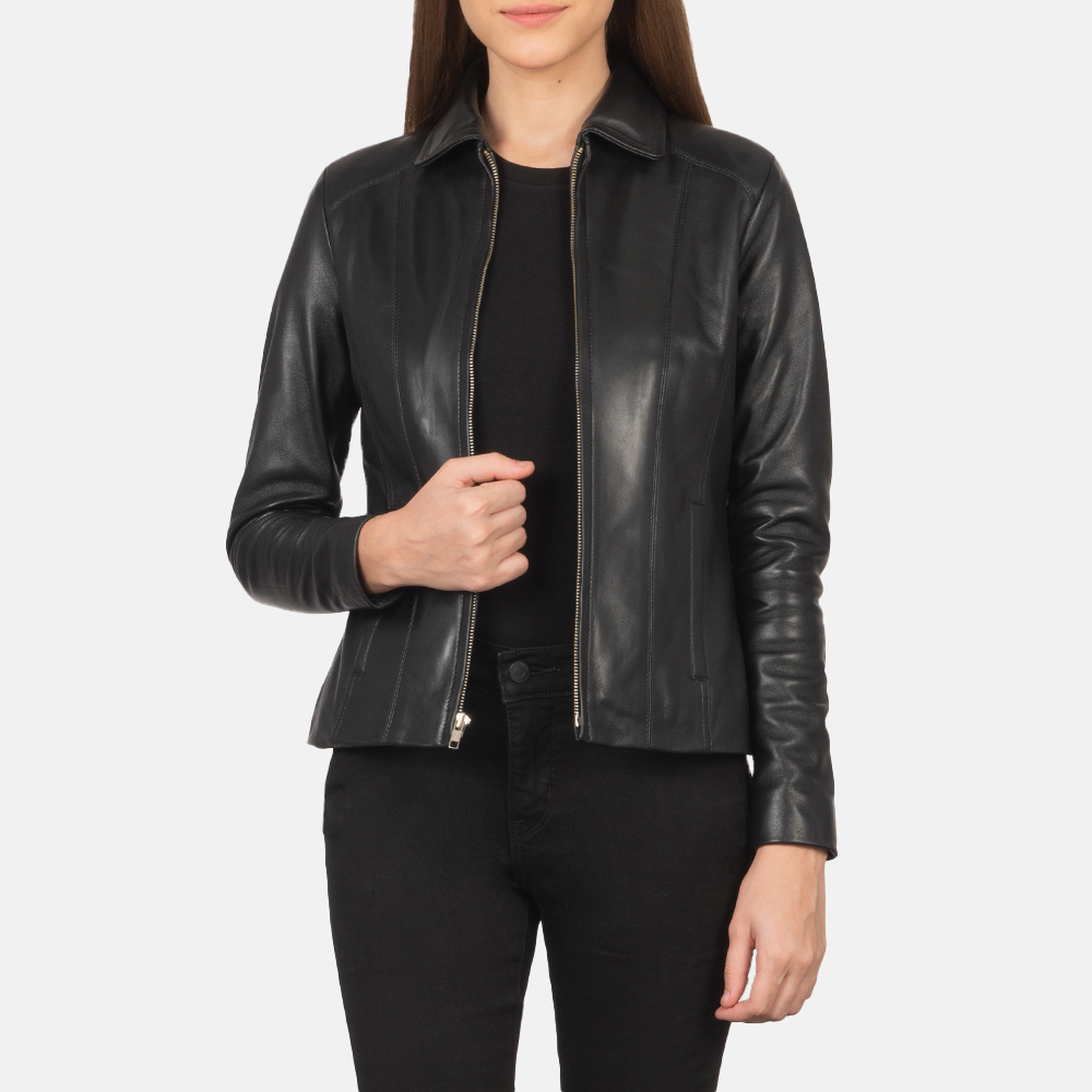 Womens Colette Black Leather Jacket Open Front-4-1659373051849