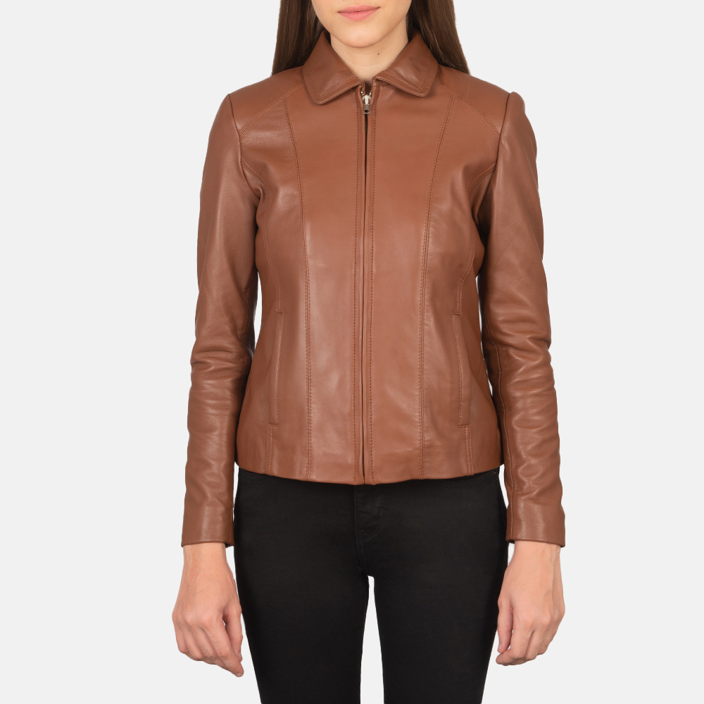 Womens Colette Brown Leather Jacket Close Front-5-1659373329813