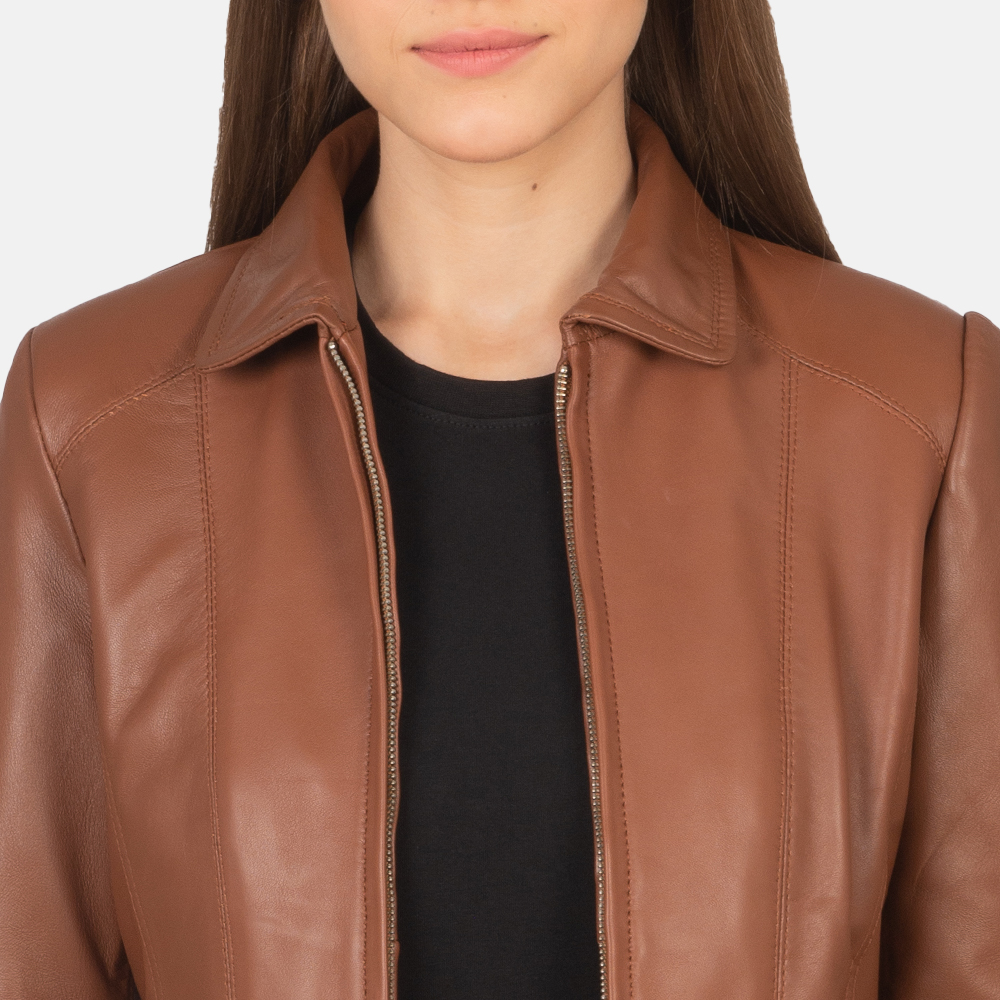 Womens Colette Brown Leather Jacket Close-Up-9-1659373352864